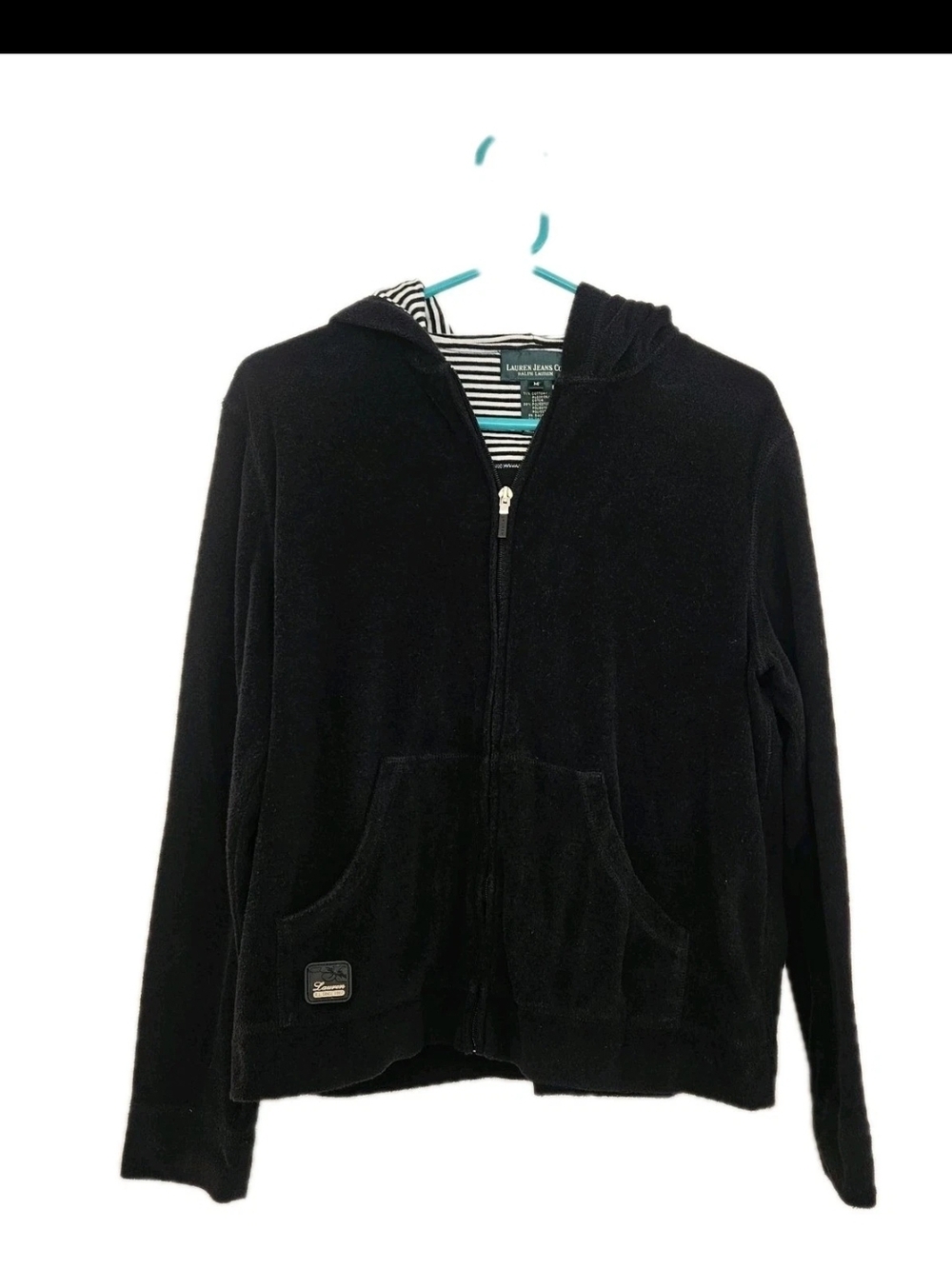 VTG Lauren Jeans Co. Ralph Lauren Black Velour Zip Hoodie Striped Hood Y2K Med